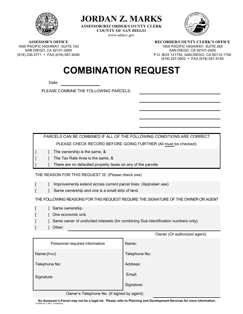 Form M-1 Parcel Combination Request - County of San Diego, California