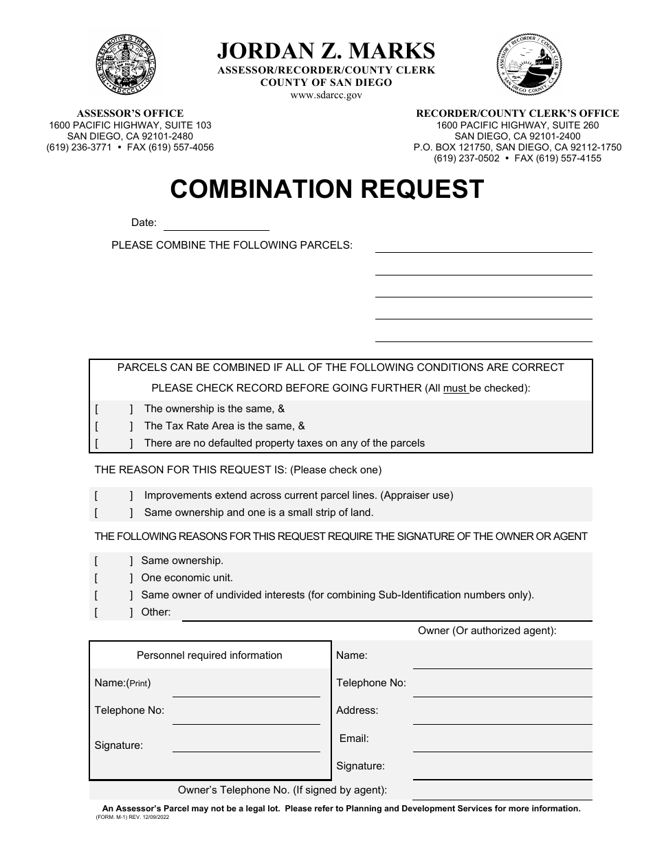 Form M-1 Parcel Combination Request - County of San Diego, California, Page 1