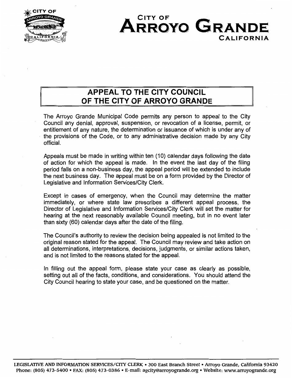 City of Arroyo Grande, California Appeal to the City Council Fill Out