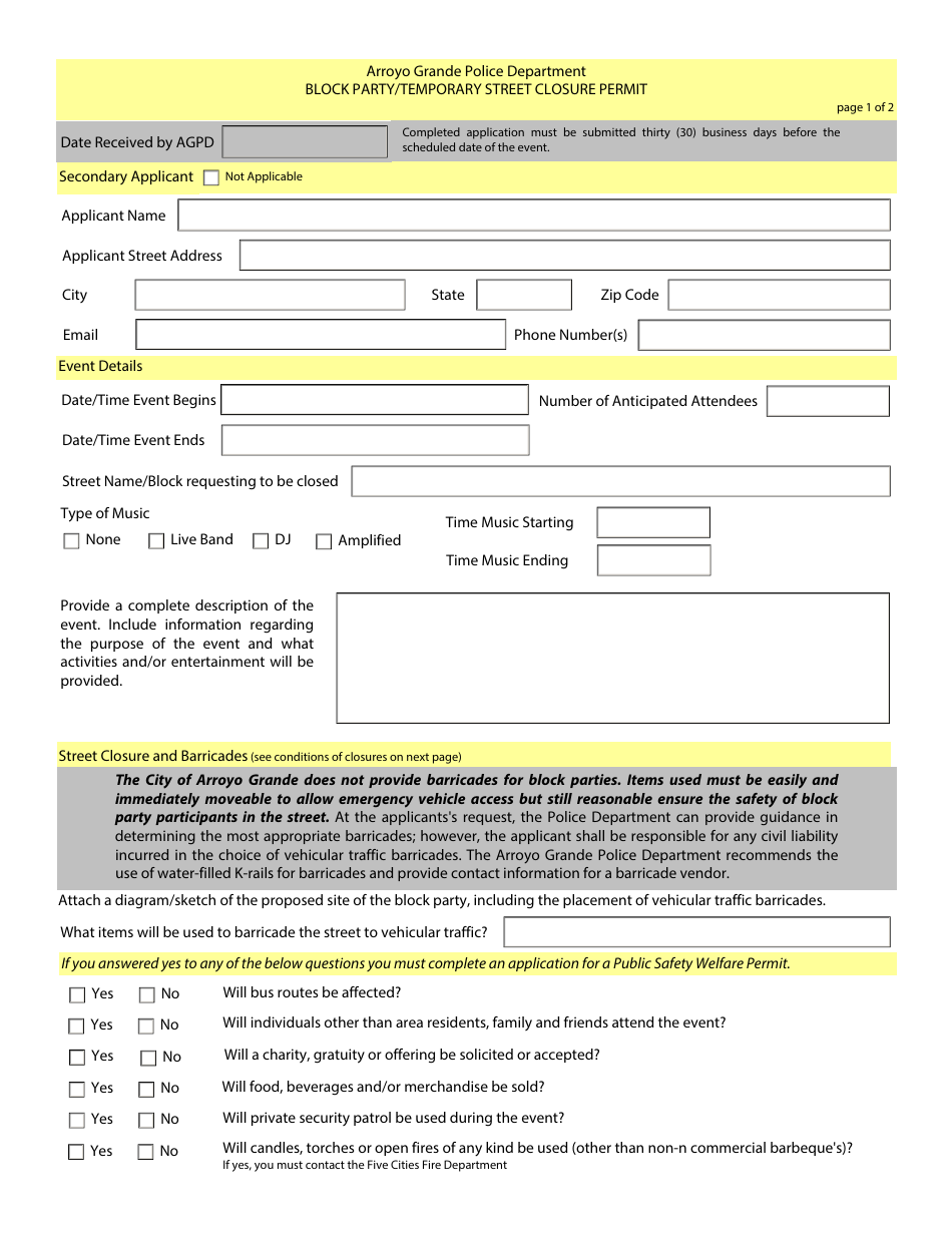 City of Arroyo Grande, California Block Party/Temporary Street Closure