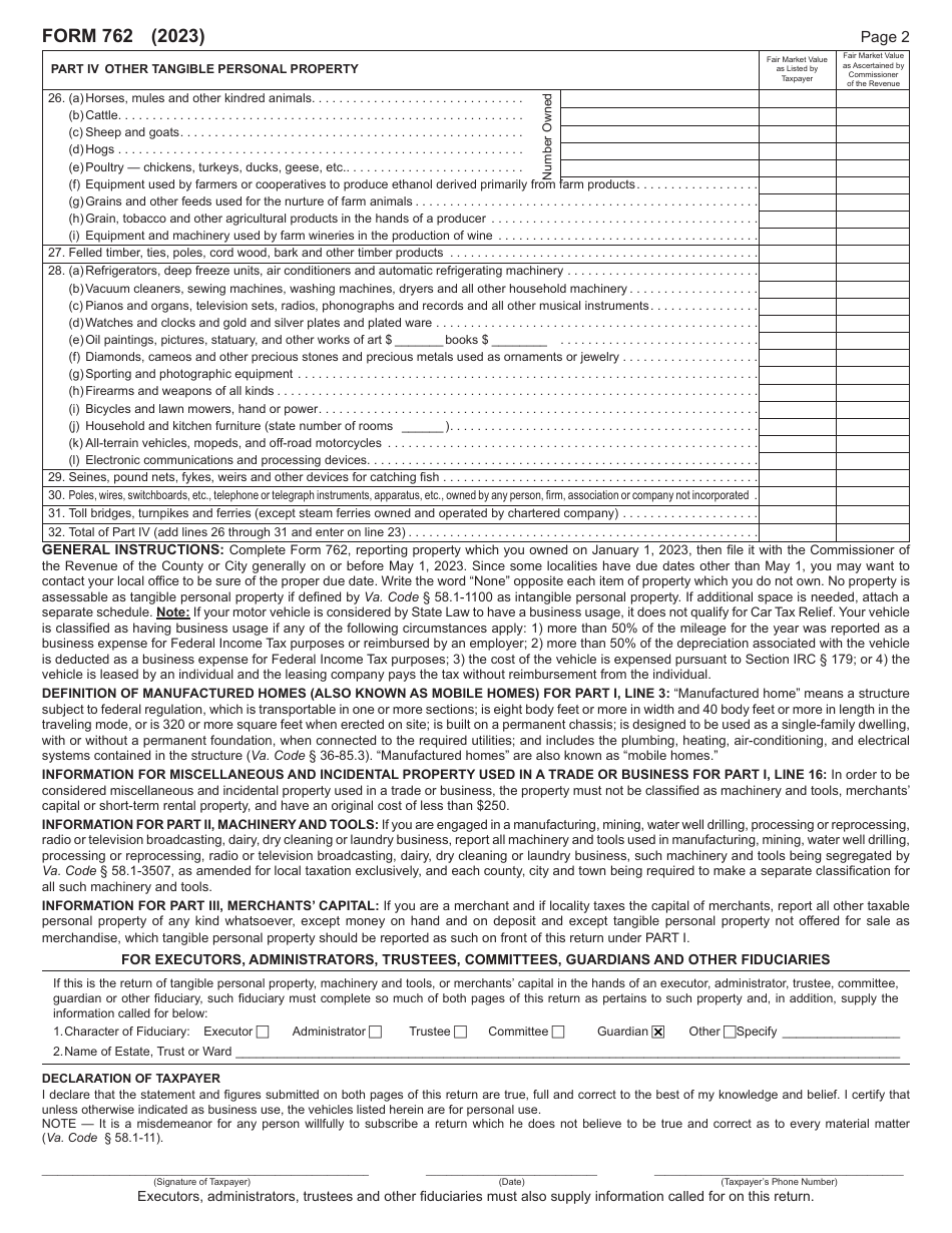 Form 762 Return of Tangible Personal Property, Machinery and Tools, and Merchants Capital - for Local Taxation Only - Virginia, Page 2