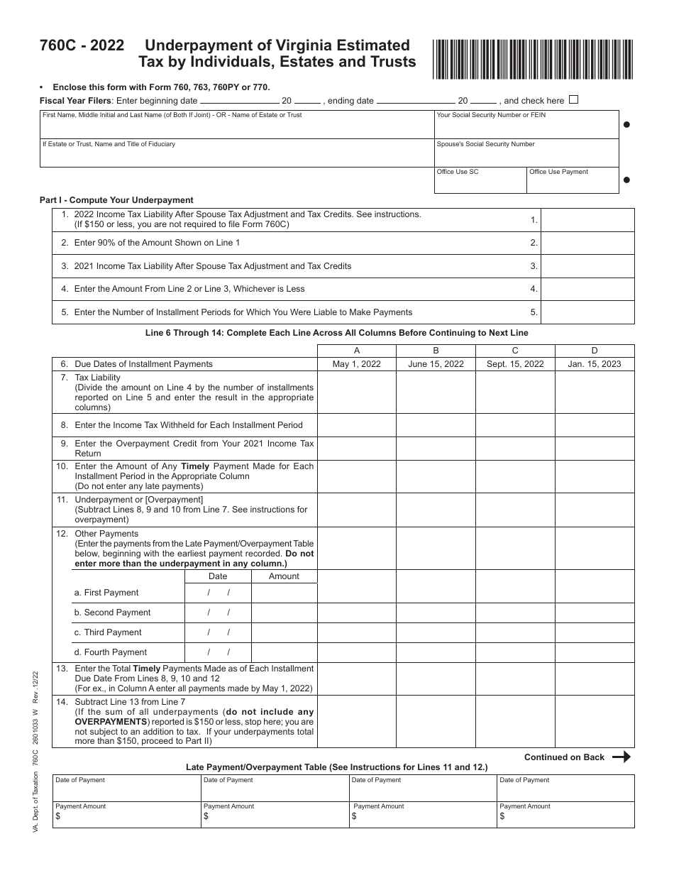 Form 760C Underpayment of Virginia Estimated Tax by Individuals, Estates and Trusts - Virginia, Page 1