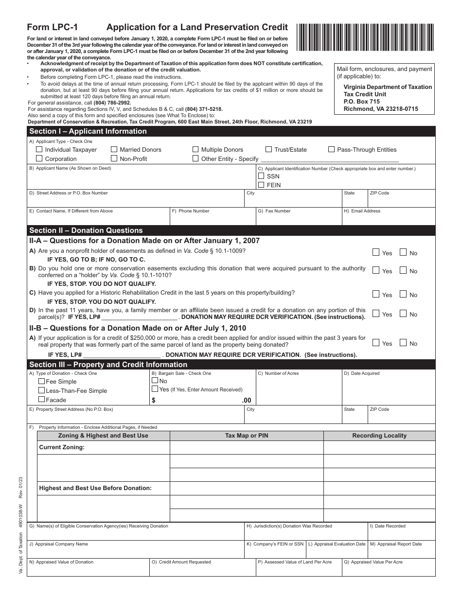 Form LPC-1 Application for a Land Preservation Credit - Virginia, Page 1
