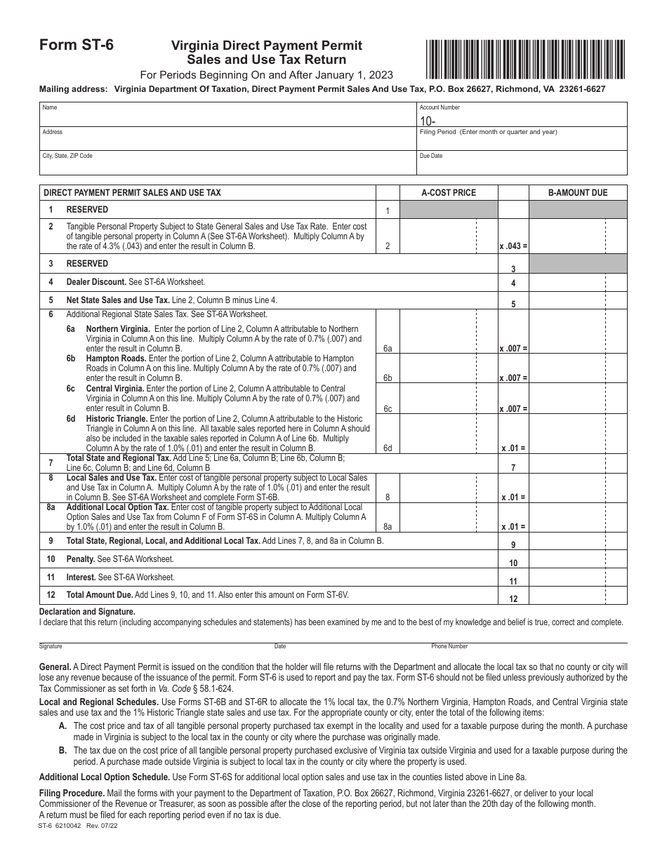 Form ST-6 Virginia Direct Payment Permit Sales and Use Tax Return - Virginia, Page 1
