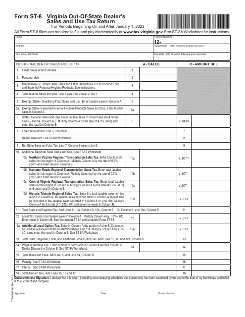 Form ST-8 Virginia Out-of-State Dealer's Sales and Use Tax Return - Virginia