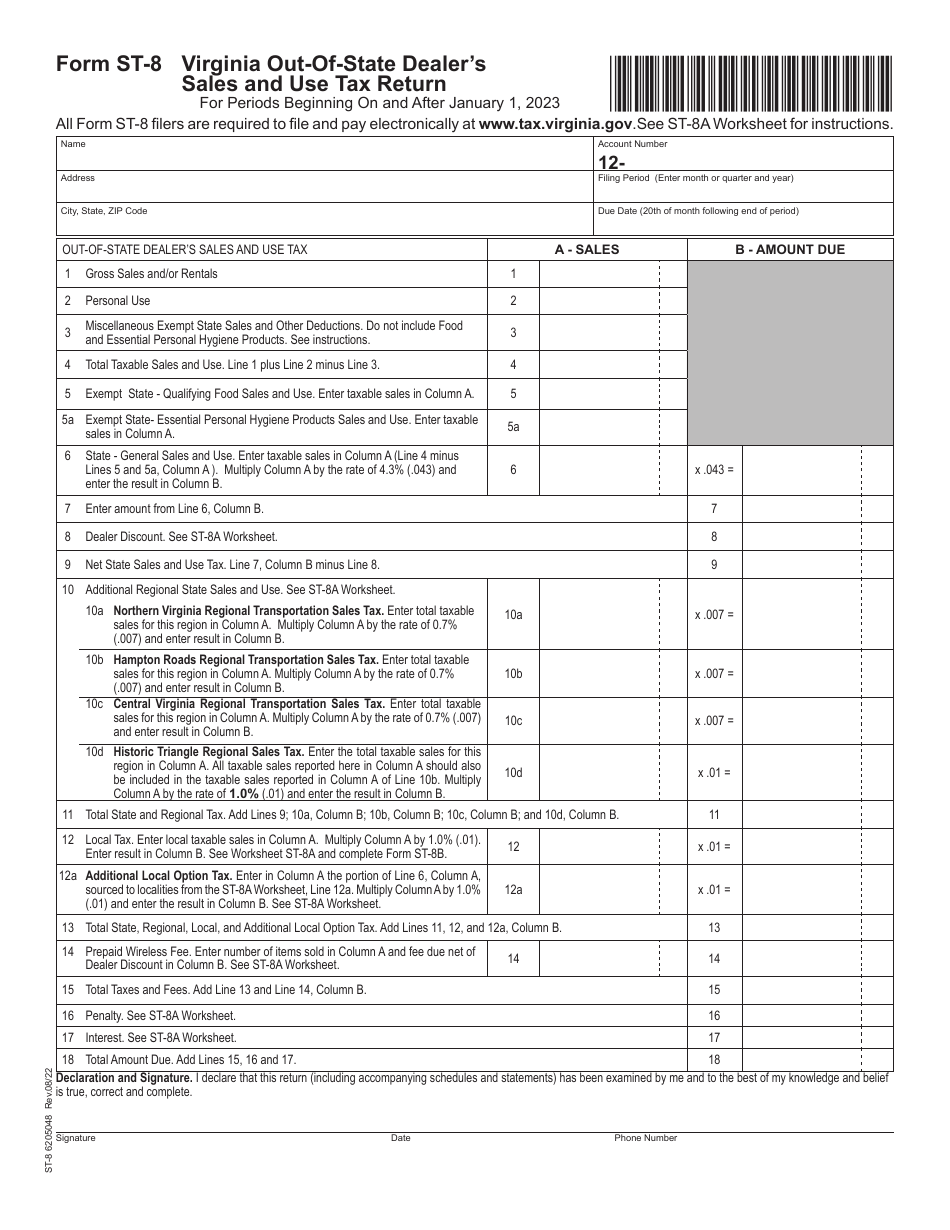 Form ST8 Fill Out, Sign Online and Download Printable PDF, Virginia