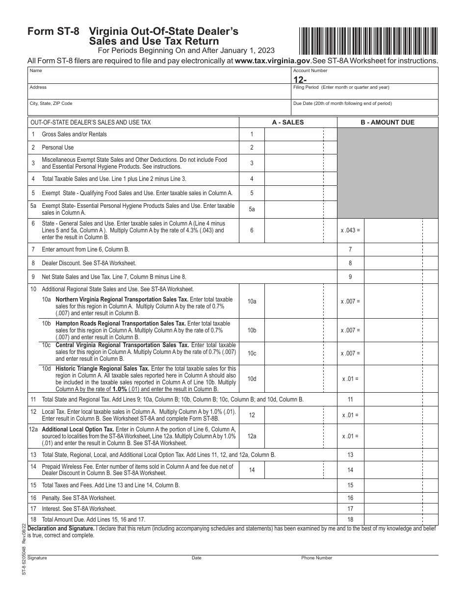 Form ST-8 Virginia Out-of-State Dealers Sales and Use Tax Return - Virginia, Page 1