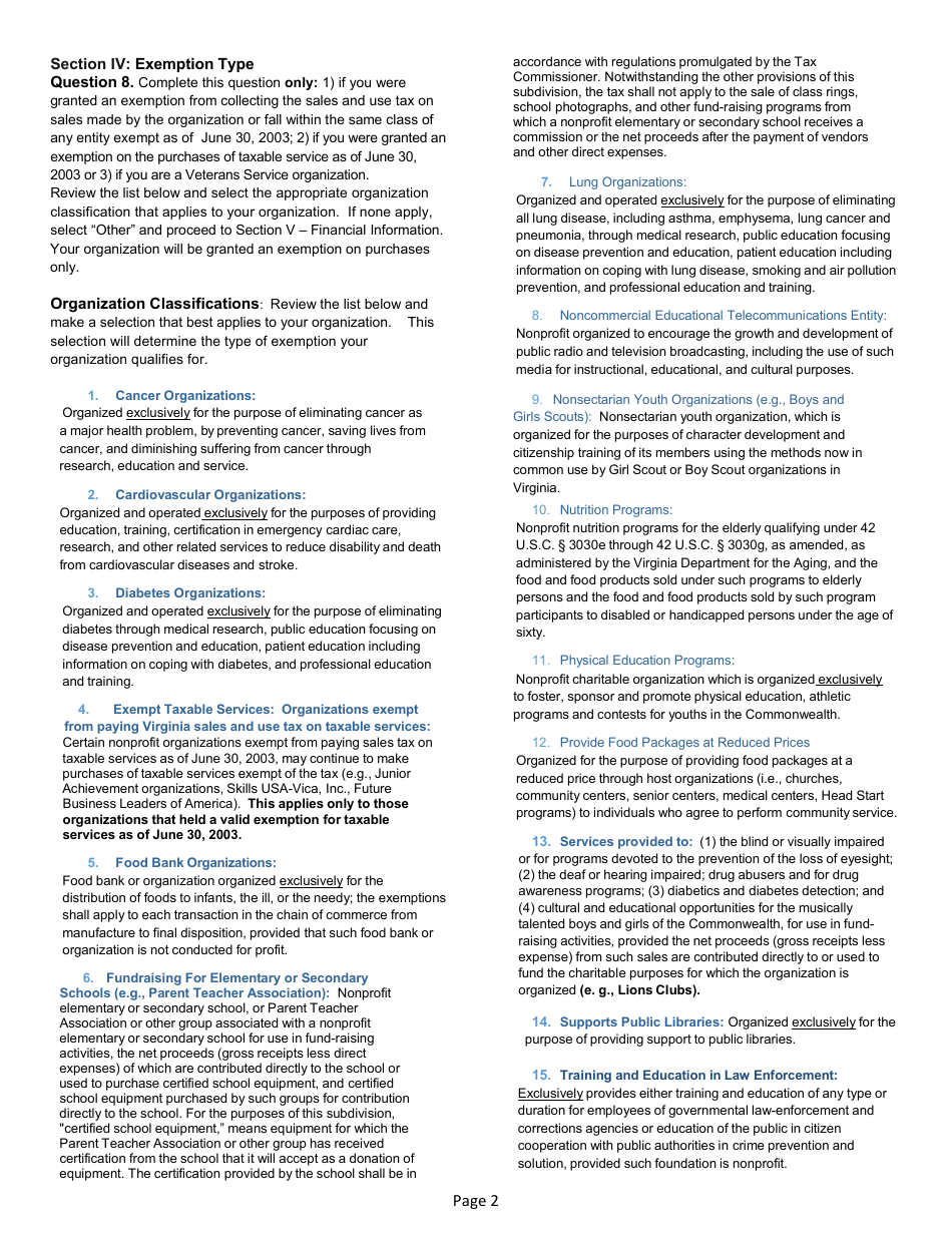 Instructions for Form NP-1 Sales and Use Tax Exemption Application for Nonprofit Organizations - Virginia, Page 2