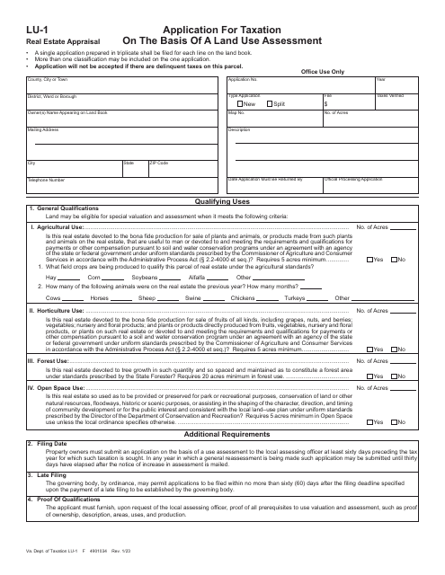 Form LU-1 Application for Taxation on the Basis of a Land Use Assessment - Virginia