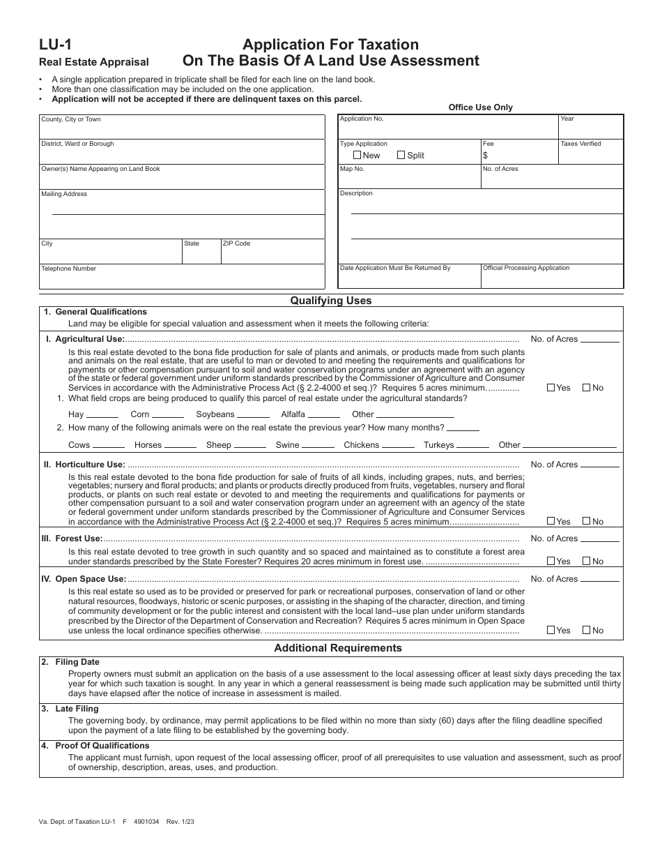 Form LU-1 Application for Taxation on the Basis of a Land Use Assessment - Virginia, Page 1
