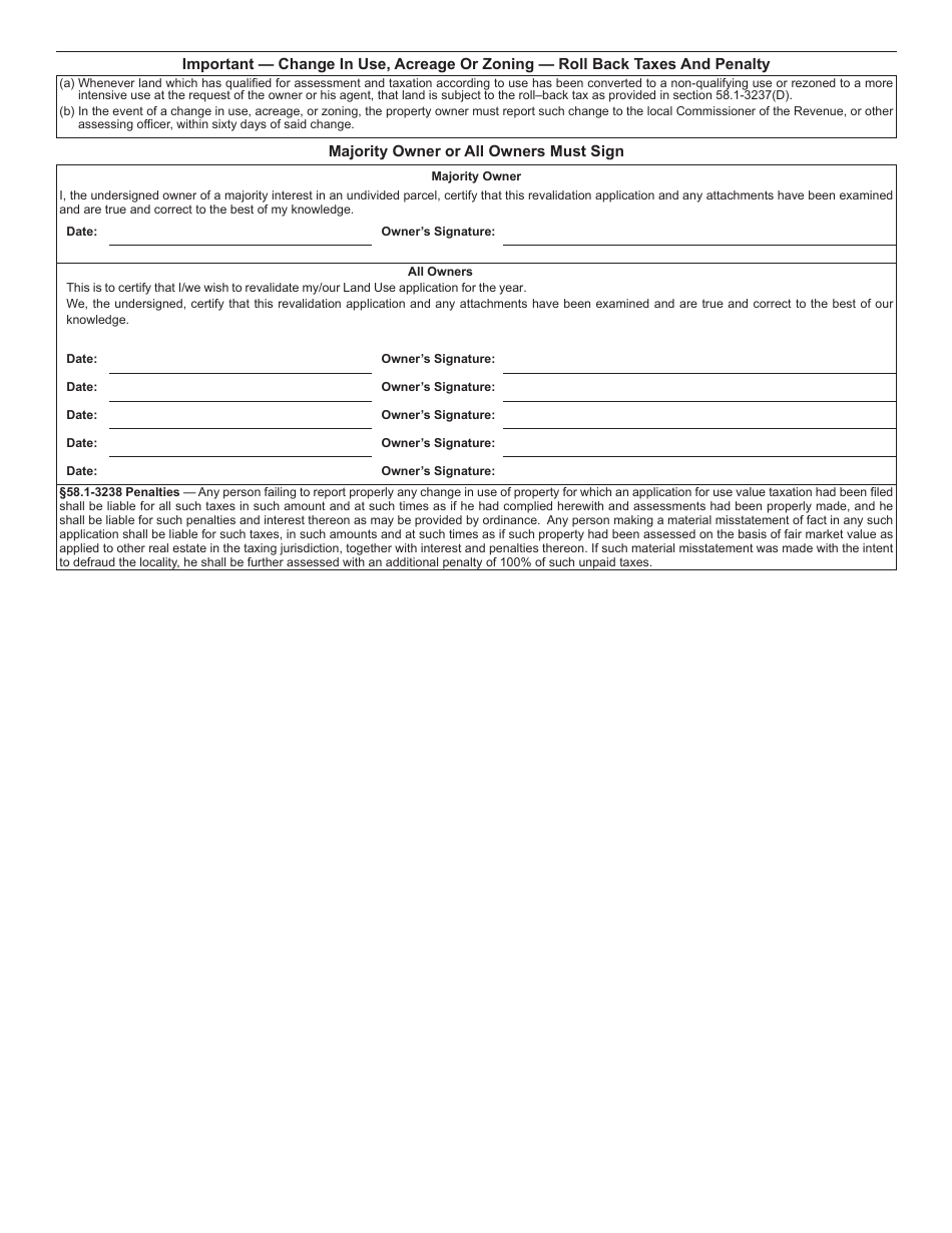 Form LU-1 Application for Taxation on the Basis of a Land Use Assessment - Virginia, Page 2