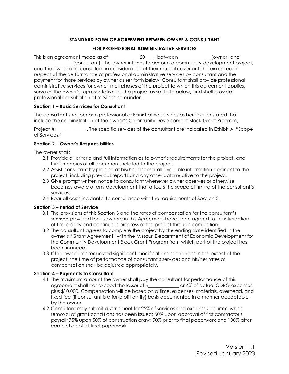 Standard Form of Agreement Between Owner  Consultant for Professional Administrative Services - Missouri, Page 1