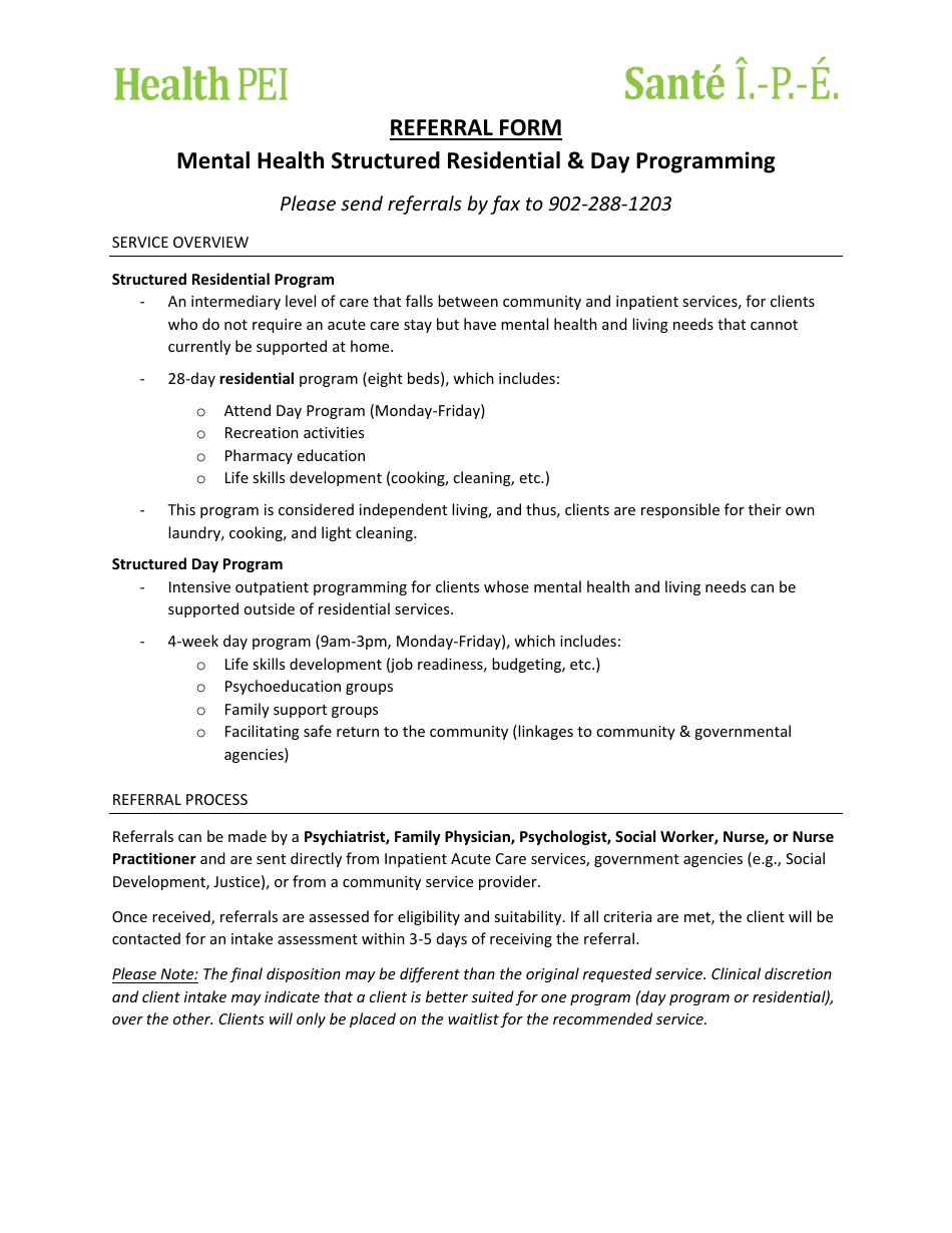 Structured Residential and Day Program Referral Form - Prince Edward Island, Canada, Page 1