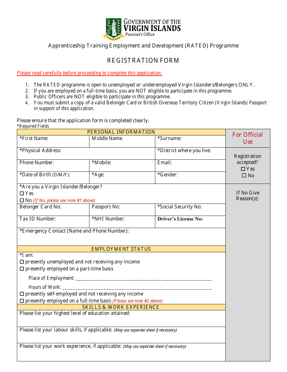 Registration Form - Apprenticeship Training Employment and Development (Rated) Programme - British Virgin Islands, Page 1