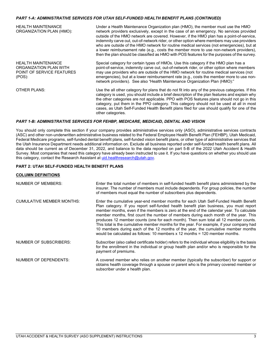 Instructions for Utah Accident  Health Survey (Aso Supplement) - Utah, Page 3