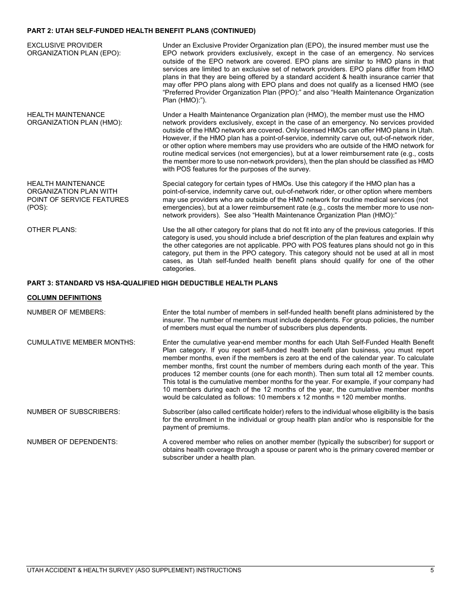 Instructions for Utah Accident  Health Survey (Aso Supplement) - Utah, Page 5
