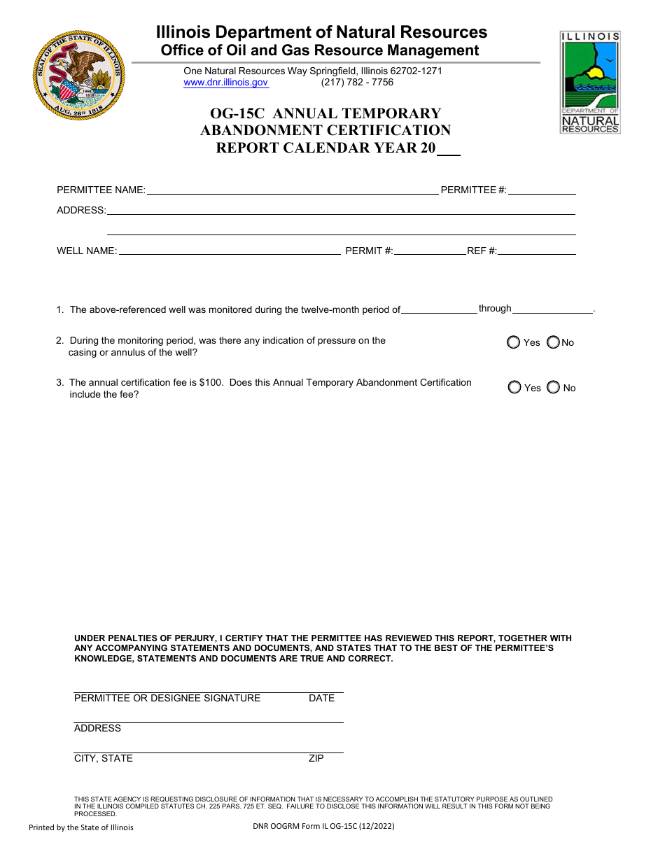 DNR OOGRM Form OG-15C Annual Temporary Abandonment Certification Report - Illinois, Page 1
