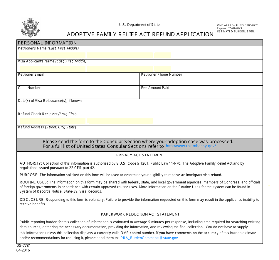 Form DS-7781 Adoptive Family Relief Act Refund Application, Page 1