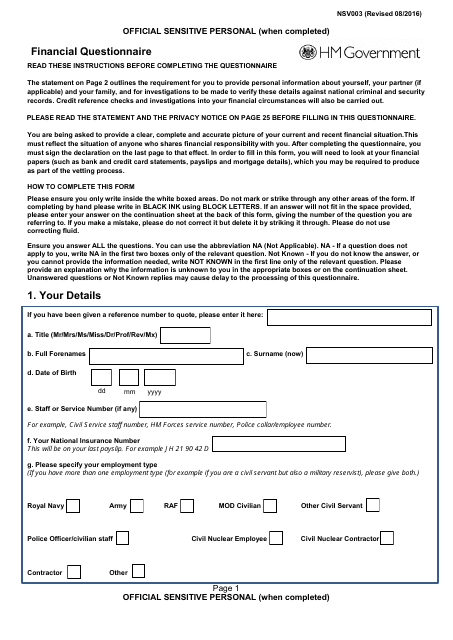 Form NSV003 Financial Questionnaire - United Kingdom
