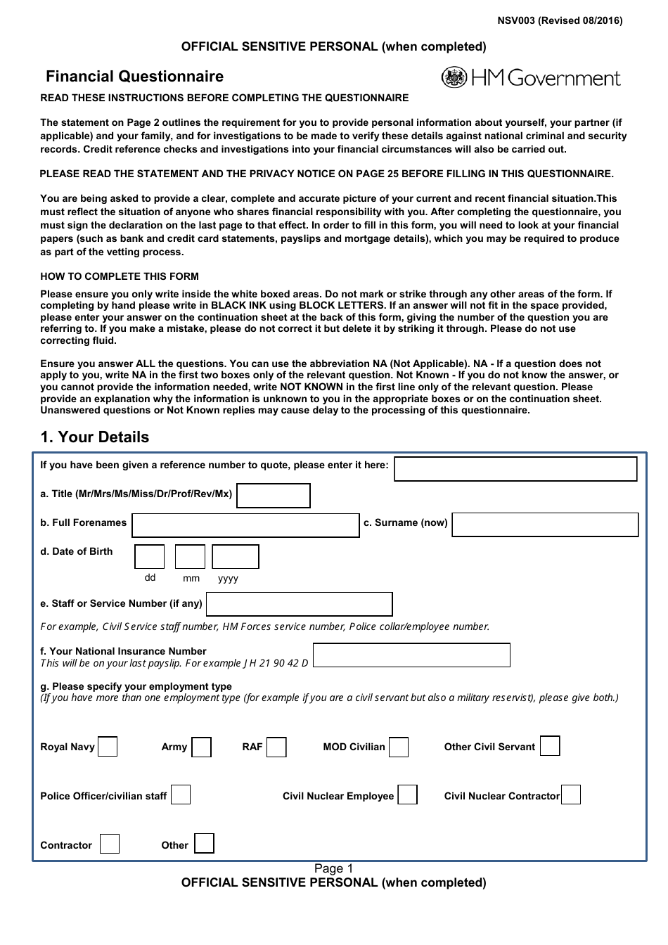 Form NSV003 Financial Questionnaire - United Kingdom, Page 1