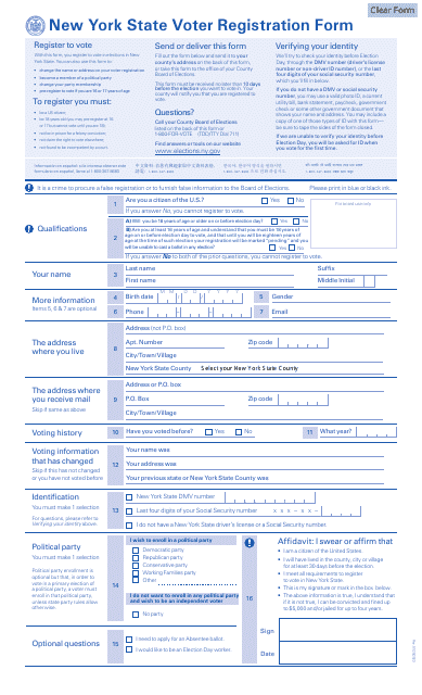 New York State Voter Registration Form - New York Download Pdf