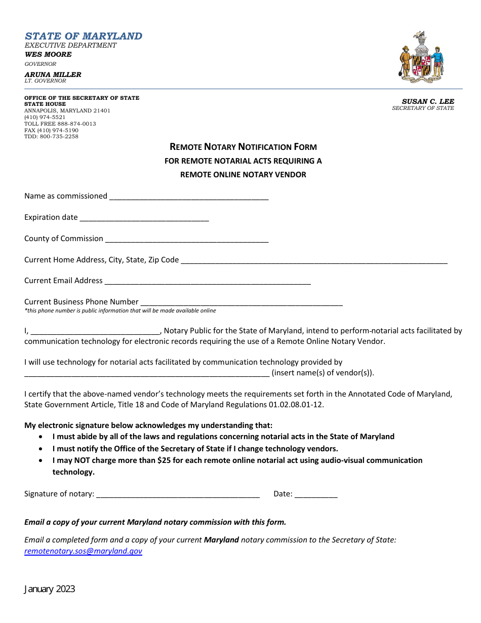 Remote Notary Notification Form for Remote Notarial Acts Requiring a Remote Online Notary Vendor - Maryland, Page 1