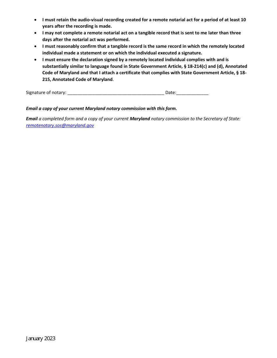 Remote Notary Notification Form for Remote Notarial Acts on Tangible Records (Not Requiring a Remote Online Notary Vendor) - Maryland, Page 2