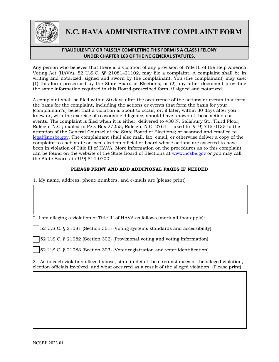 North Carolina N.c. Hava Administrative Complaint Form - Fill Out, Sign ...