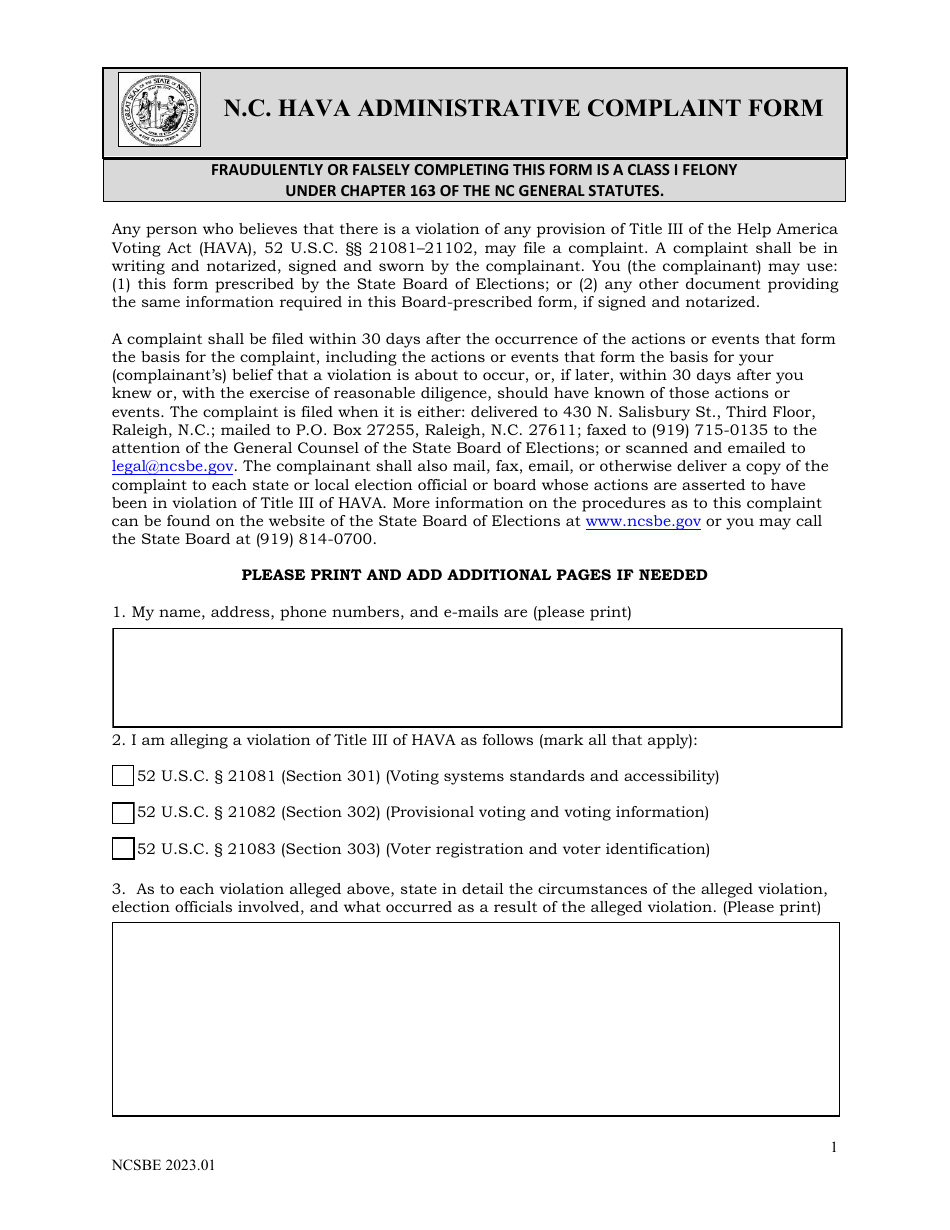 N.c. Hava Administrative Complaint Form - North Carolina, Page 1