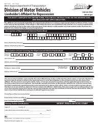 Document preview: Form DMV-129-TR Lienholder's Affidavit for Repossession - West Virginia