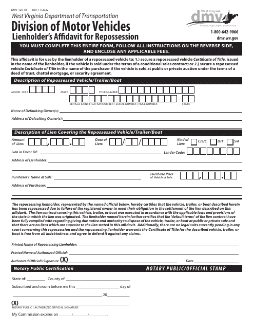 Form DMV-129-TR Lienholder's Affidavit for Repossession - West Virginia