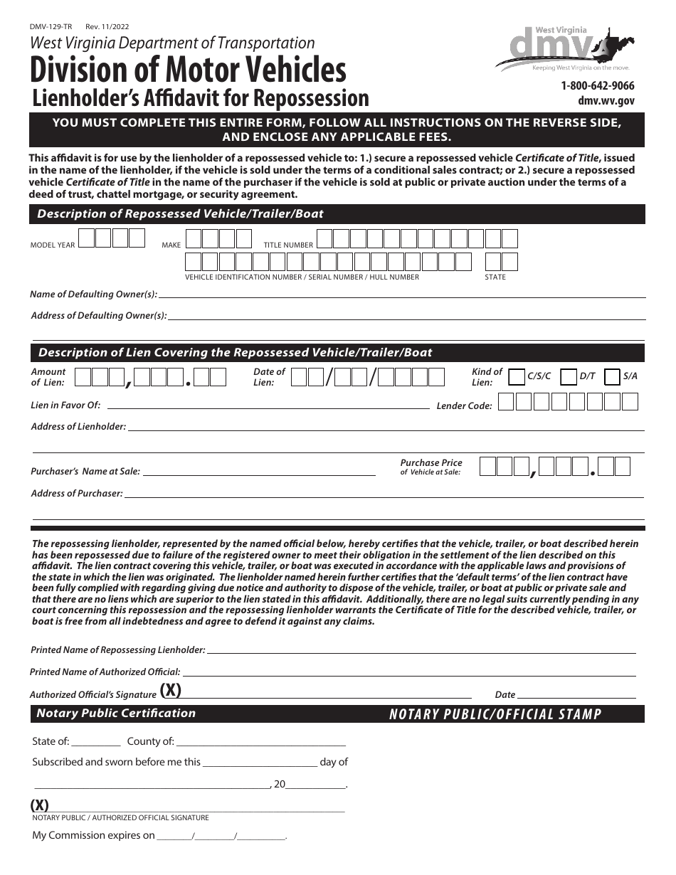 Form DMV-129-TR Lienholders Affidavit for Repossession - West Virginia, Page 1