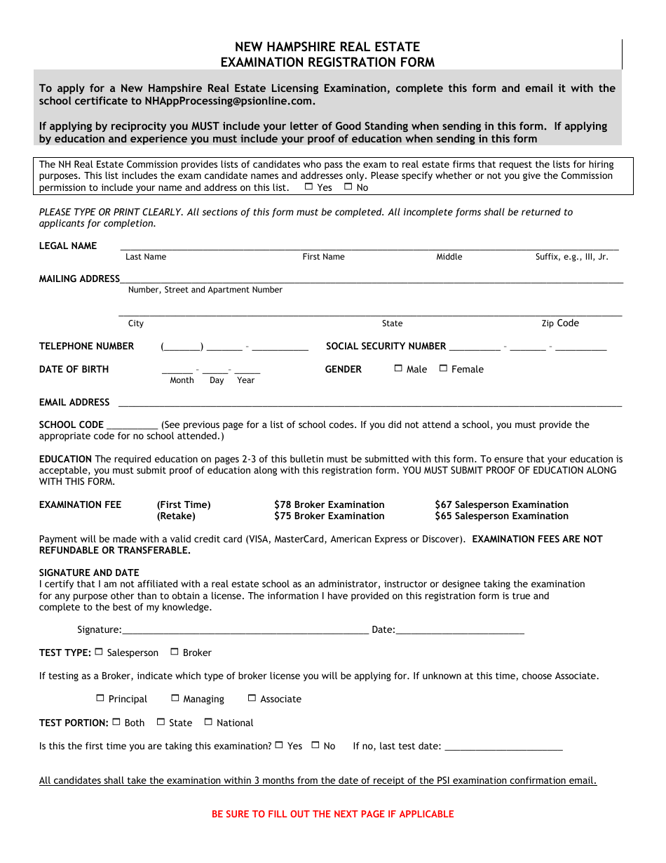 New Hampshire Real Estate Examination Registration Form - New Hampshire, Page 1