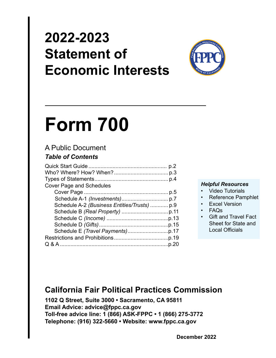 FPPC Form 700 - 2023 - Fill Out, Sign Online and Download Fillable PDF ...