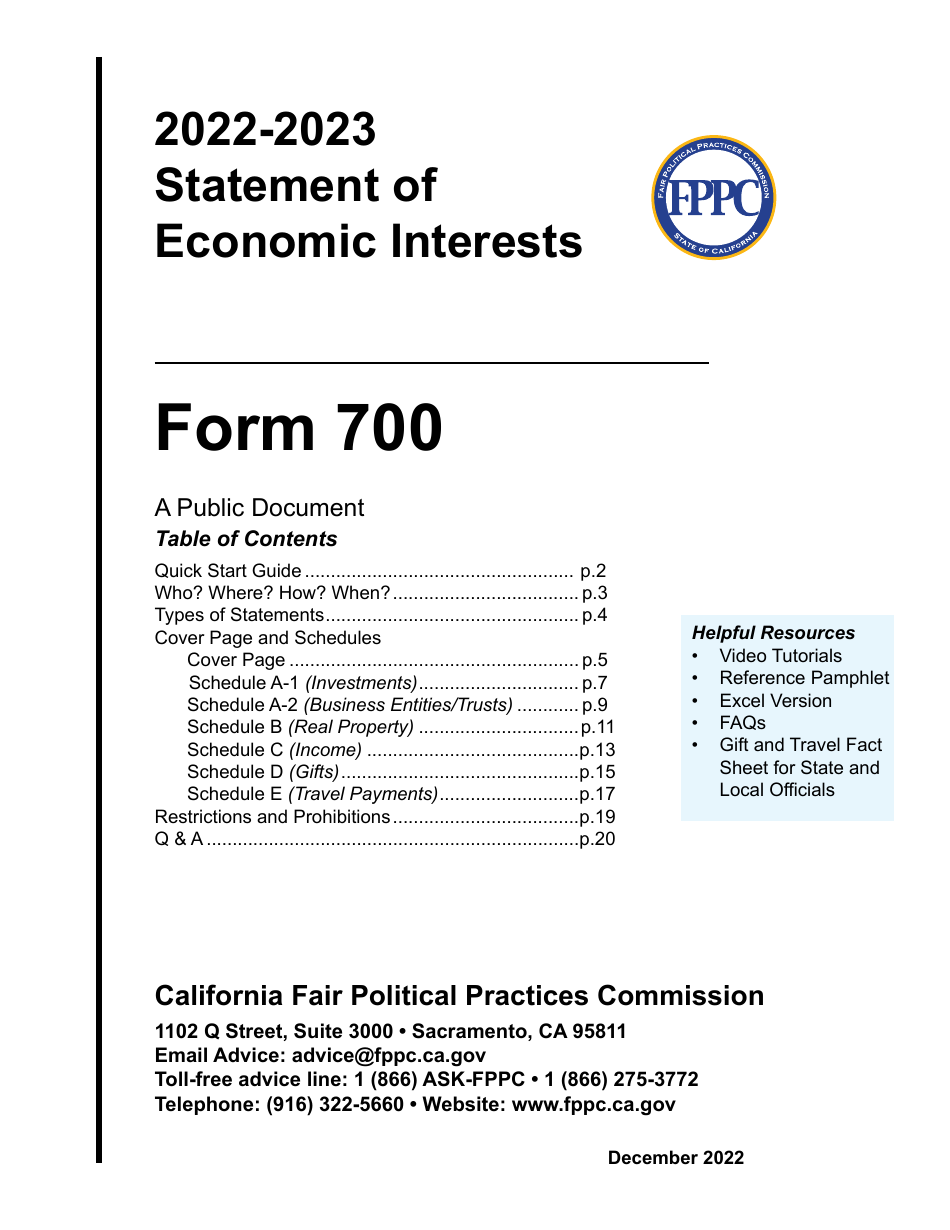 FPPC Form 700 Statement of Economic Interests - California, Page 1