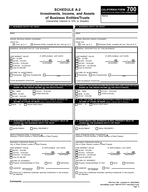 FPPC Form 700 Schedule A-2 2023 Printable Pdf