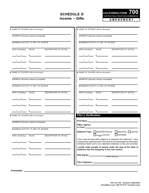 FPPC Form 700 Schedule D 2023 Printable Pdf