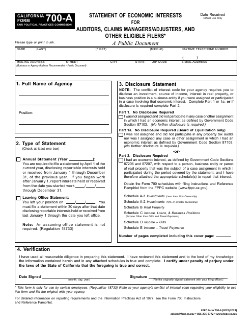 FPPC Form 700-A Statement of Economic Interests for Auditors, Claims Managers/Adjusters, and Other Eligible Filers - California, 2023