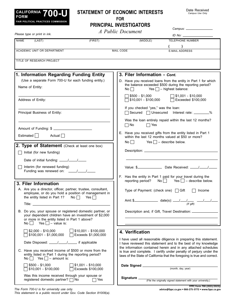 FPPC Form 700-U Statement of Economic Interests for Principal Investigators - California, Page 2