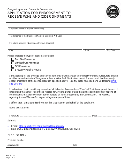 Application for Endorsement to Receive Wine and Cider Shipments - Oregon