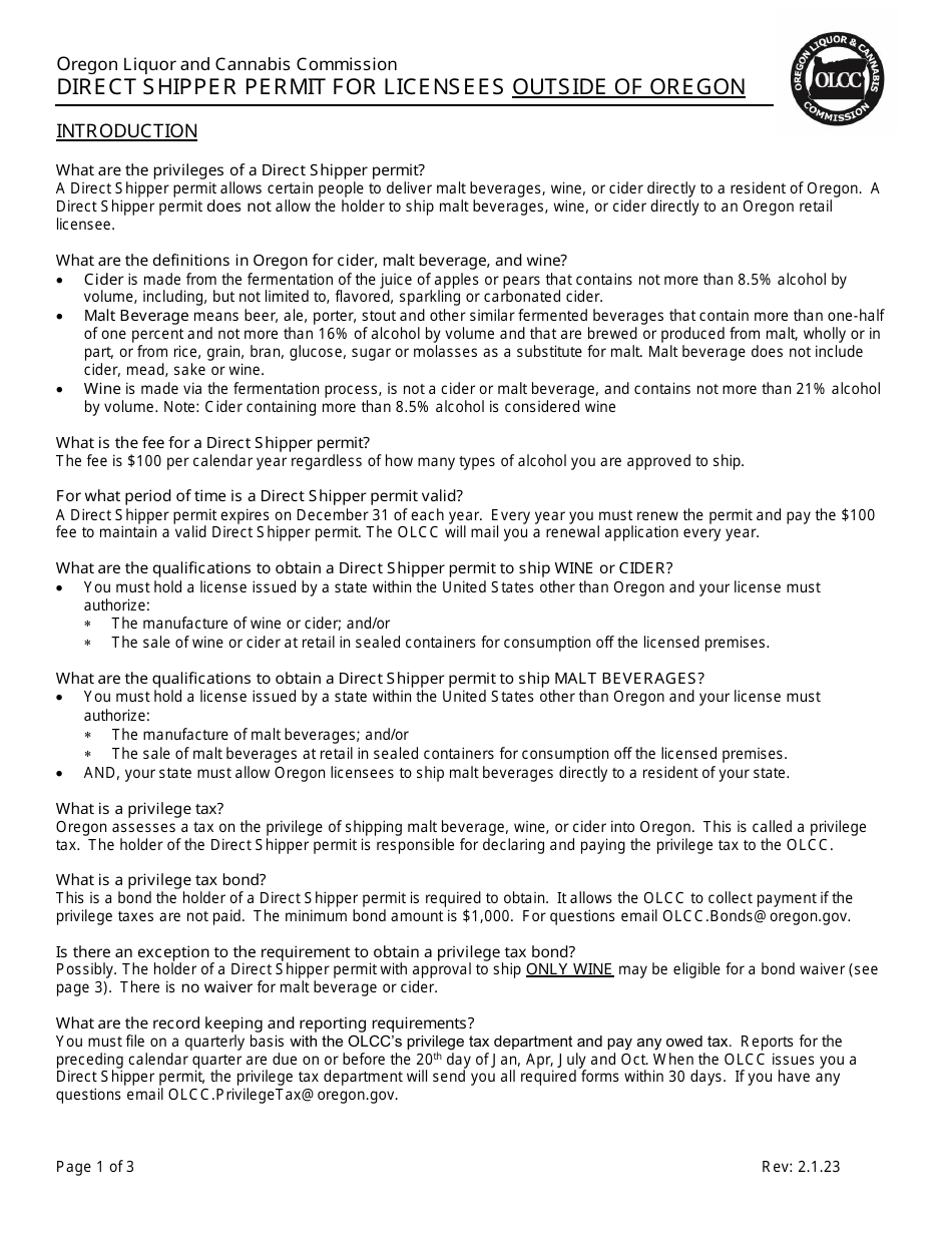 Direct Shipper Permit Application and Agreement for Licensees Outside of Oregon - Oregon, Page 1