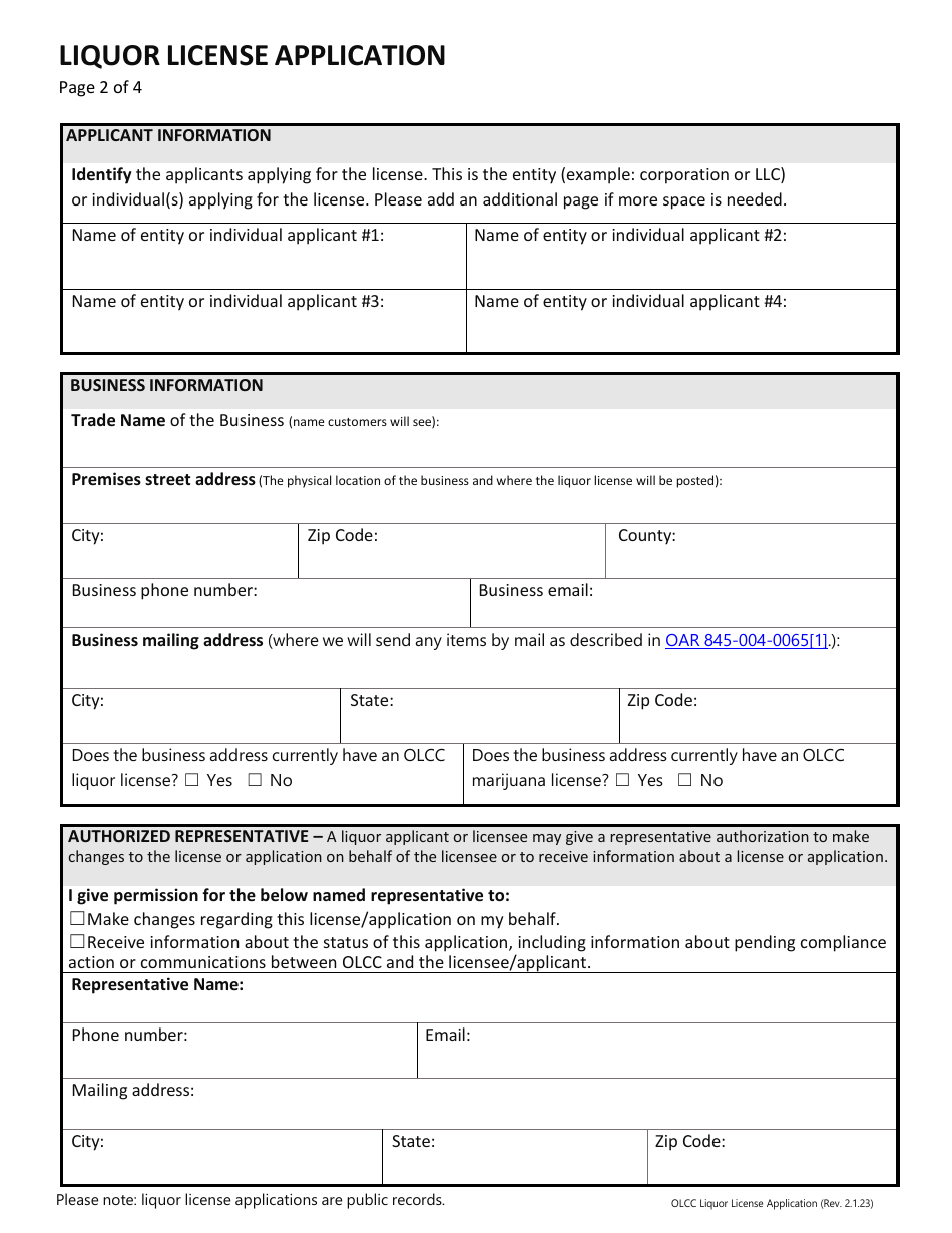 Liquor License Application - Oregon, Page 3