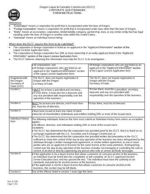 Corporate Questionnaire - Oregon Download Pdf