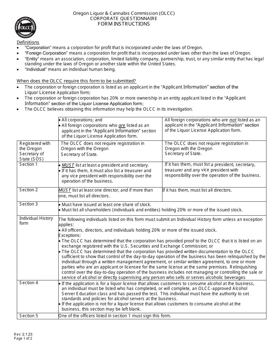 Corporate Questionnaire - Oregon, Page 1