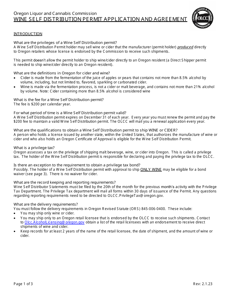 Wine Self Distribution Permit Application and Agreement - Oregon, Page 1