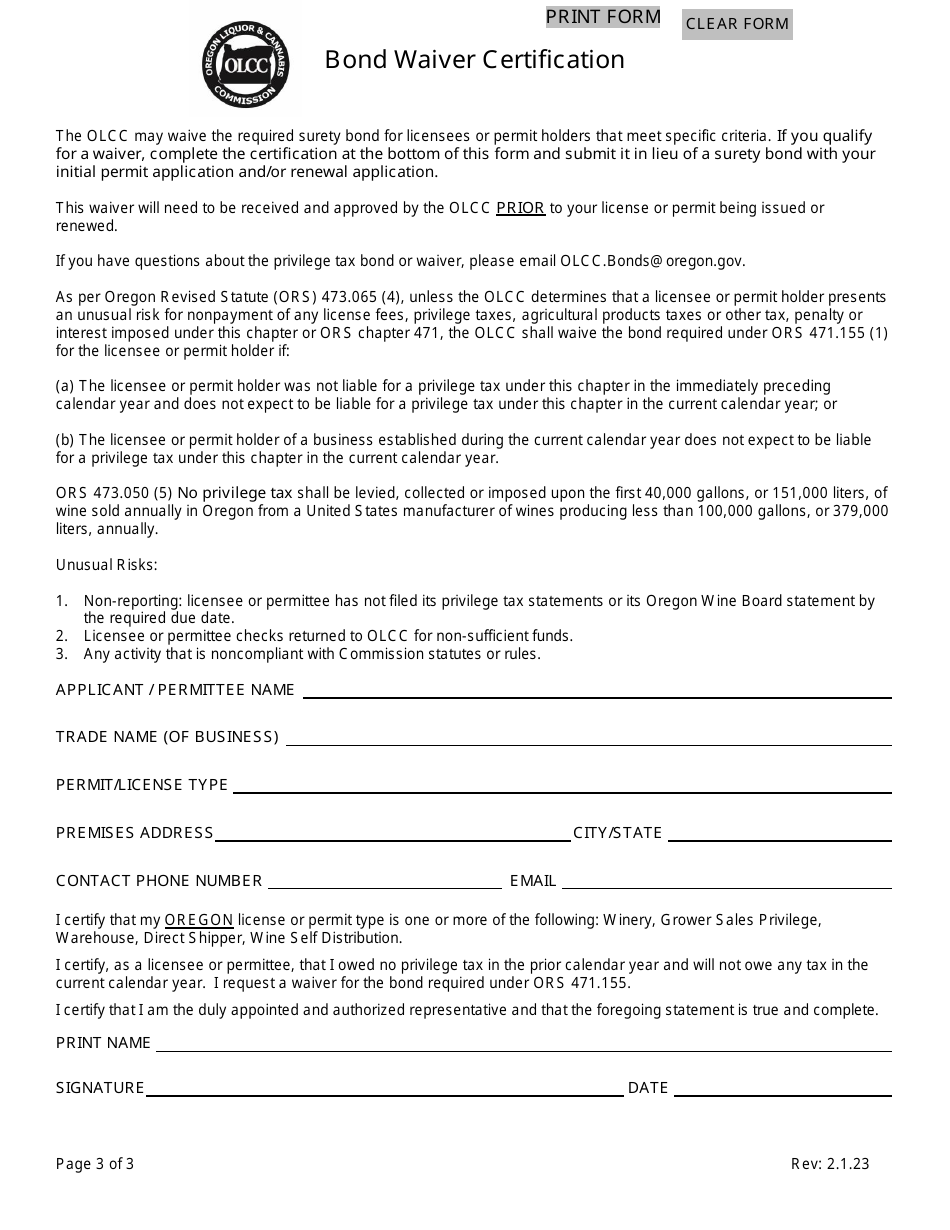 Wine Self Distribution Permit Application and Agreement - Oregon, Page 3