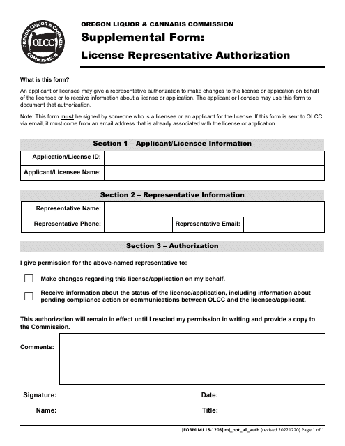 Form MJ18-1203 Supplemental Form: License Representative Authorization - Oregon