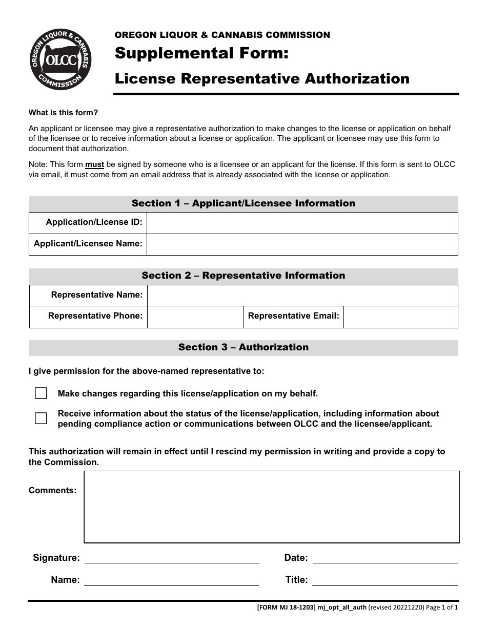 Form MJ18-1203 Supplemental Form: License Representative Authorization - Oregon, Page 1