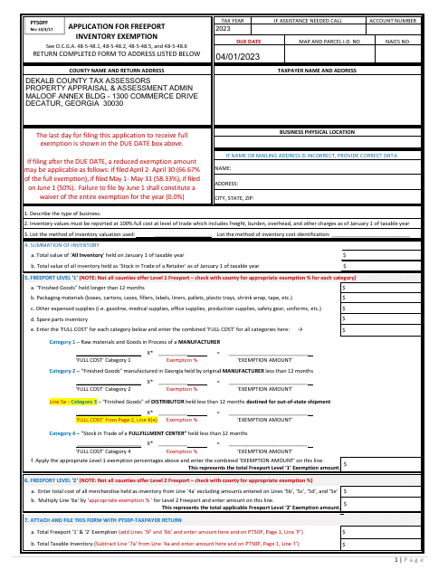 Form PT50PF Application for Freeport Inventory Exemption - DeKalb County, Georgia (United States), 2023