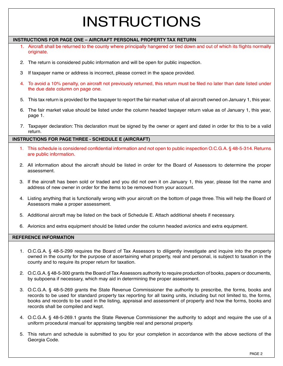 Form PT-50A Aircraft Personal Property Tax Return - DeKalb County, Georgia (United States), Page 4